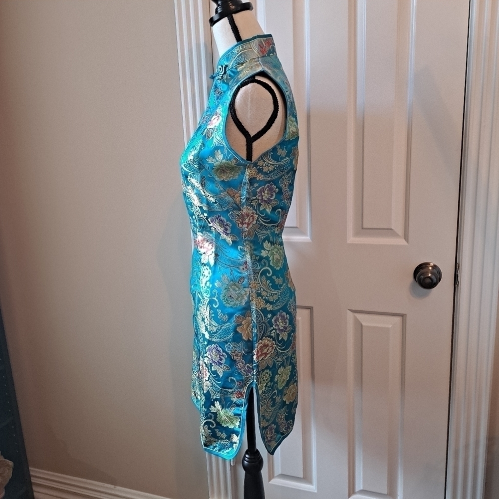 Huangchao Mandarin Collar Dress Size XL turquoise floral sleeveless - Picture 2 of 13